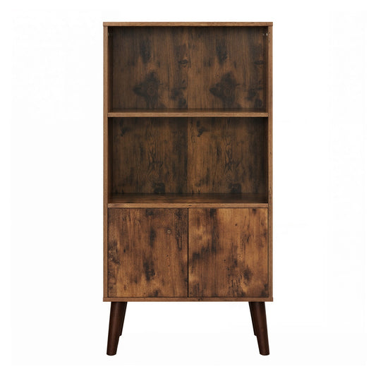 Rustic 3-Tier Storage Shelf with Cabinet Doors, Mid-Century Modern Bookcase for Living Room & Home Office - image 1