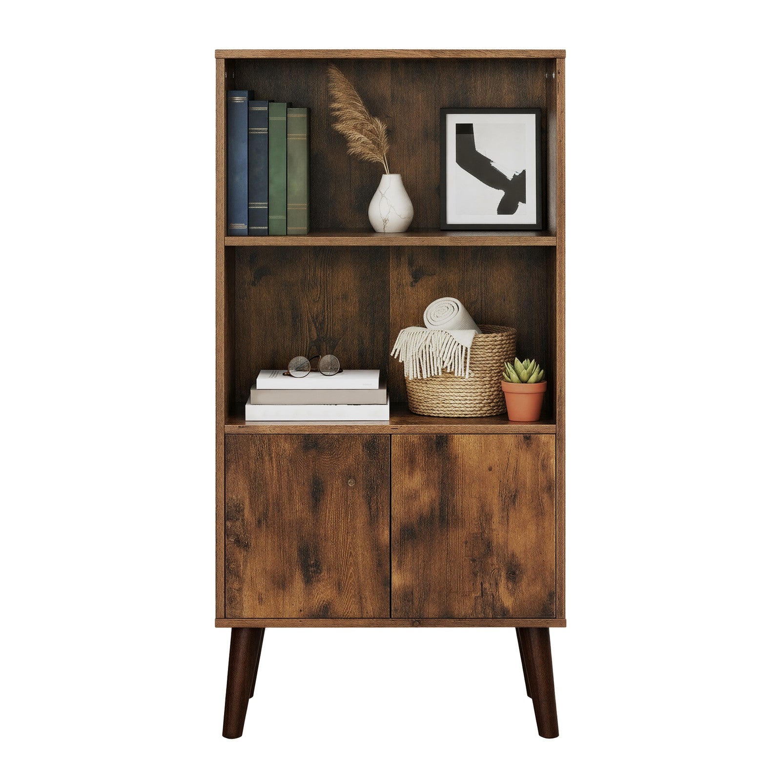 Rustic 3-Tier Storage Shelf with Cabinet Doors, Mid-Century Modern Bookcase for Living Room & Home Office - image 2