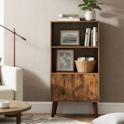 Rustic 3-Tier Storage Shelf with Cabinet Doors, Mid-Century Modern Bookcase for Living Room & Home Office - image 5