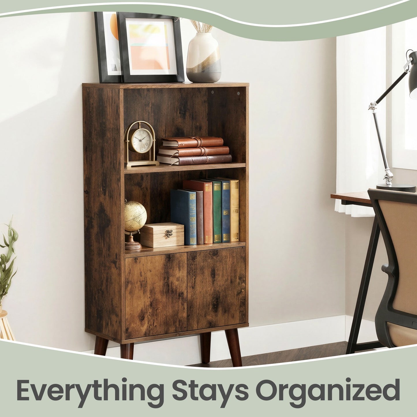 Rustic 3-Tier Storage Shelf with Cabinet Doors, Mid-Century Modern Bookcase for Living Room & Home Office - image 6
