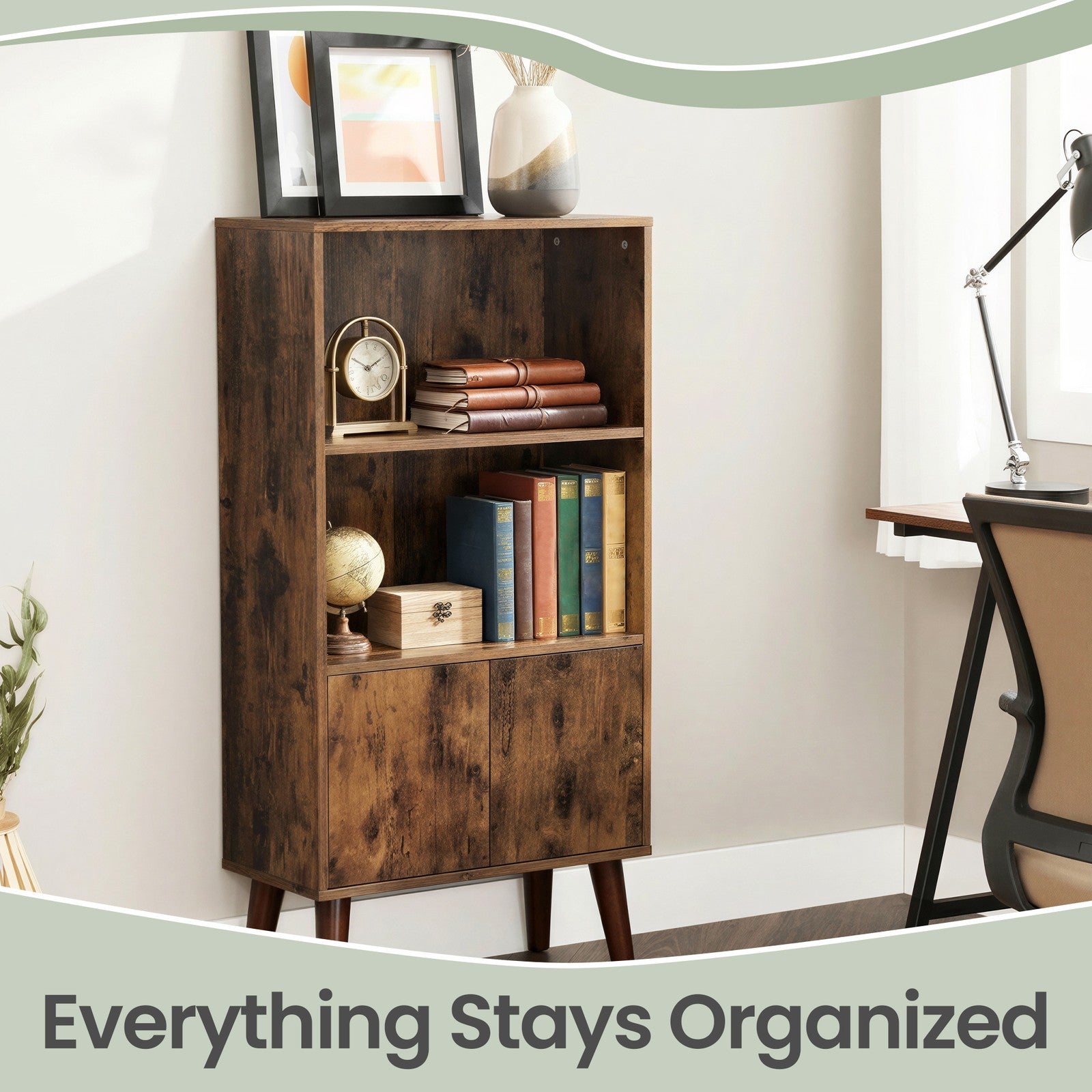 Rustic 3-Tier Storage Shelf with Cabinet Doors, Mid-Century Modern Bookcase for Living Room & Home Office - image 6