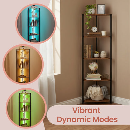 5-Tier LED Corner Shelf with Remote-Controlled Lighting, Rustic Brown - image 2