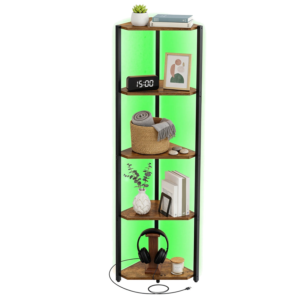 5-Tier LED Corner Shelf with Remote-Controlled Lighting, Rustic Brown - image 1