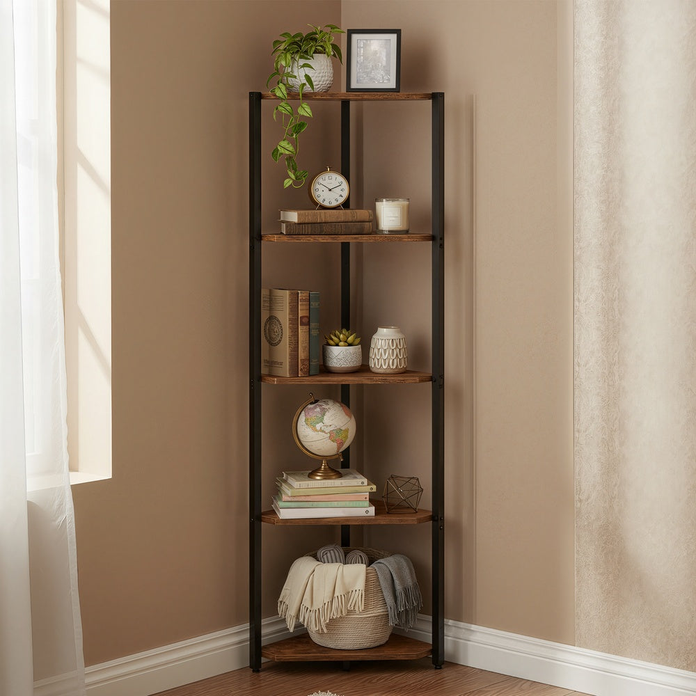 5-Tier LED Corner Shelf with Remote-Controlled Lighting, Rustic Brown - image 9