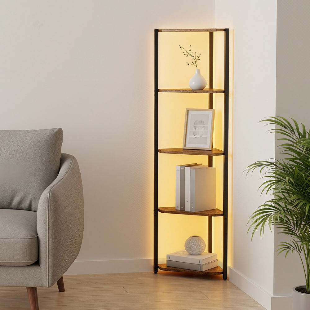 5-Tier LED Corner Shelf with Remote-Controlled Lighting, Rustic Brown - image 8