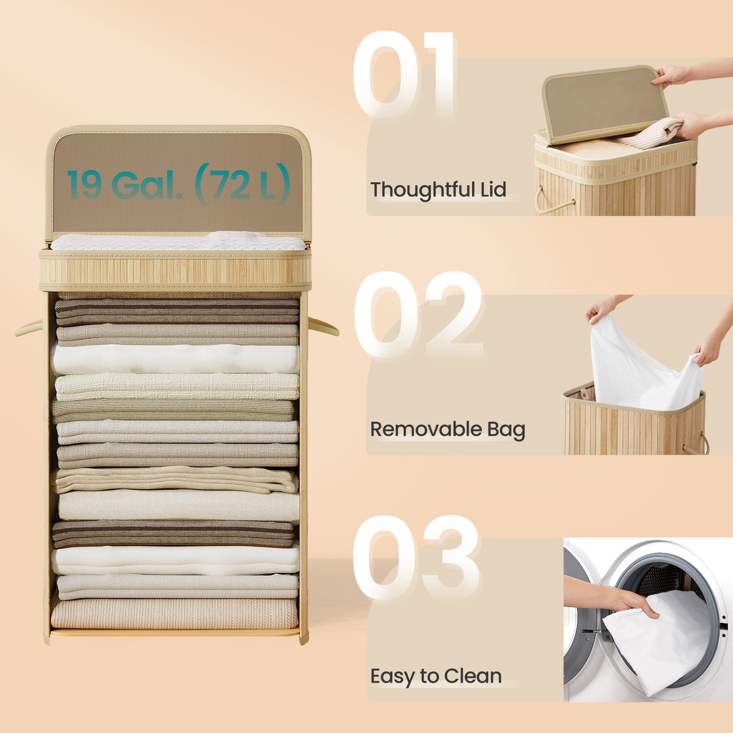 Laundry Hamper with Lid, Bamboo Laundry Basket, Removable - image 4