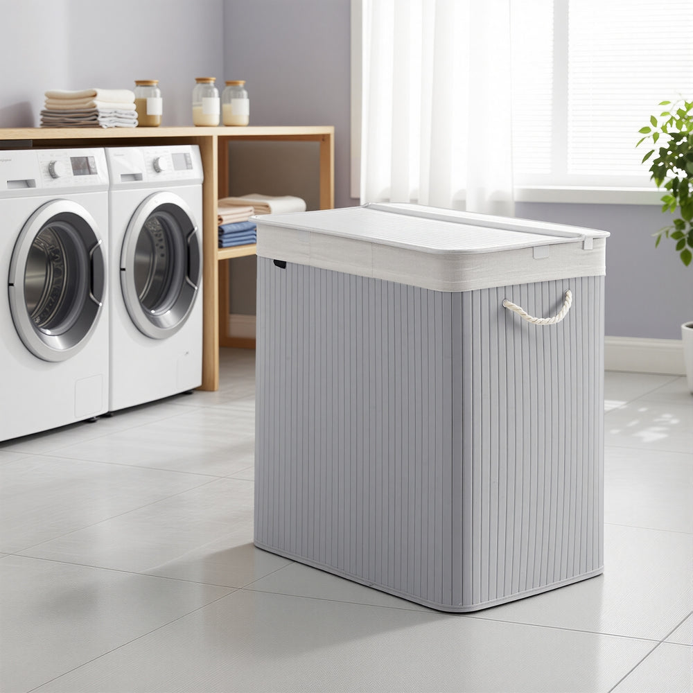 3-Section Laundry Basket, 150 L, Bamboo Laundry Hamper with Lid - image 17