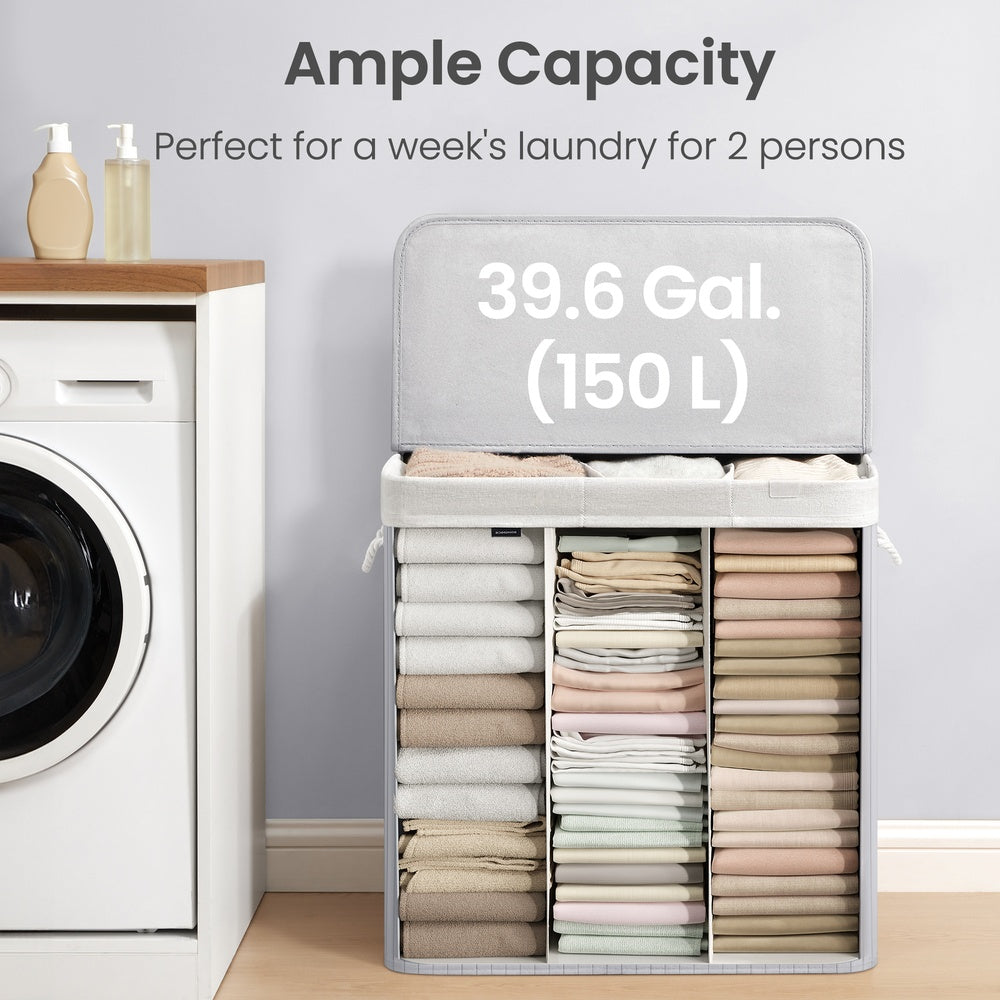 3-Section Laundry Basket, 150 L, Bamboo Laundry Hamper with Lid - image 19