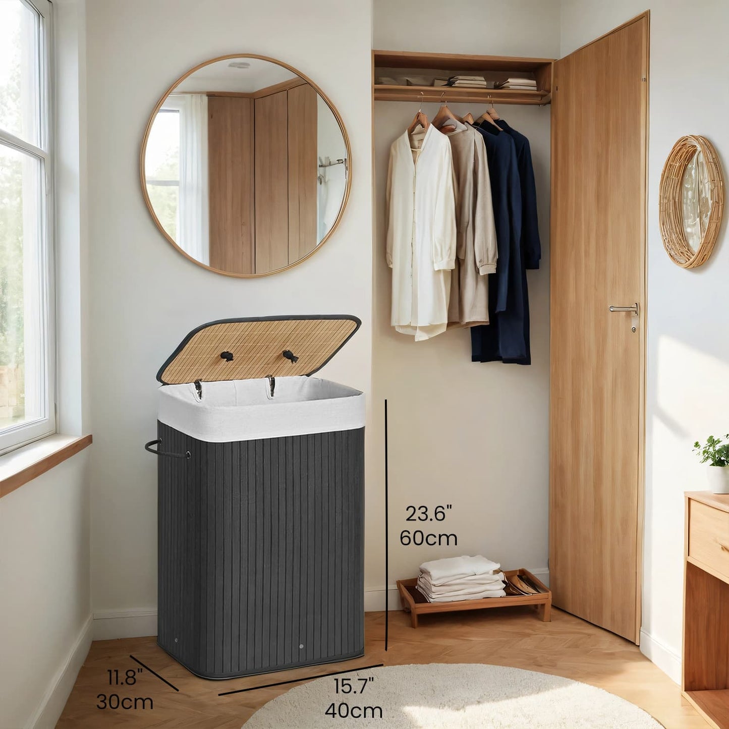 Foldable Laundry Hamper with Lid, 72 L Bamboo Laundry Basket, Storage Hamper with 3 Handles - image 3