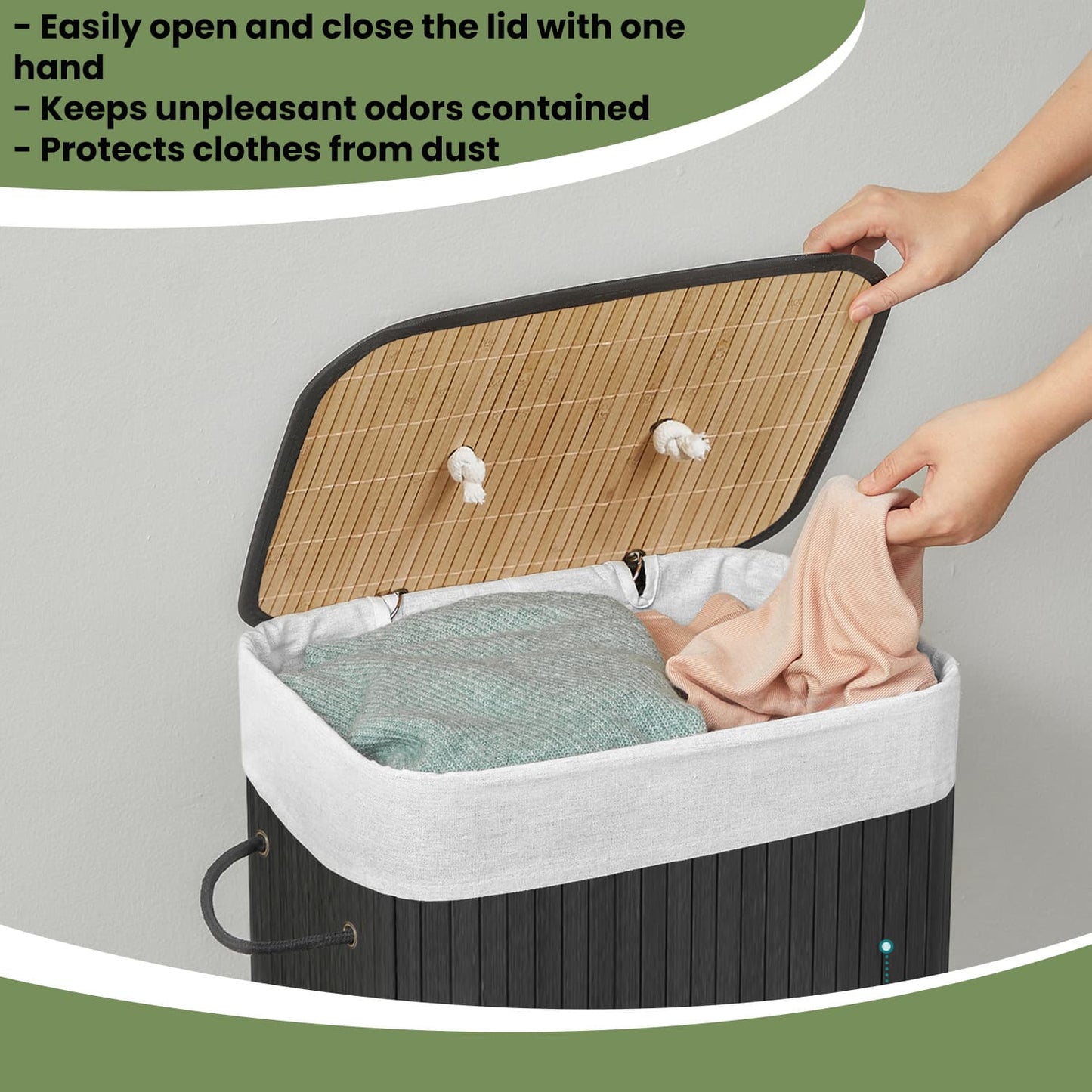 Foldable Laundry Hamper with Lid, 72 L Bamboo Laundry Basket, Storage Hamper with 3 Handles - image 5
