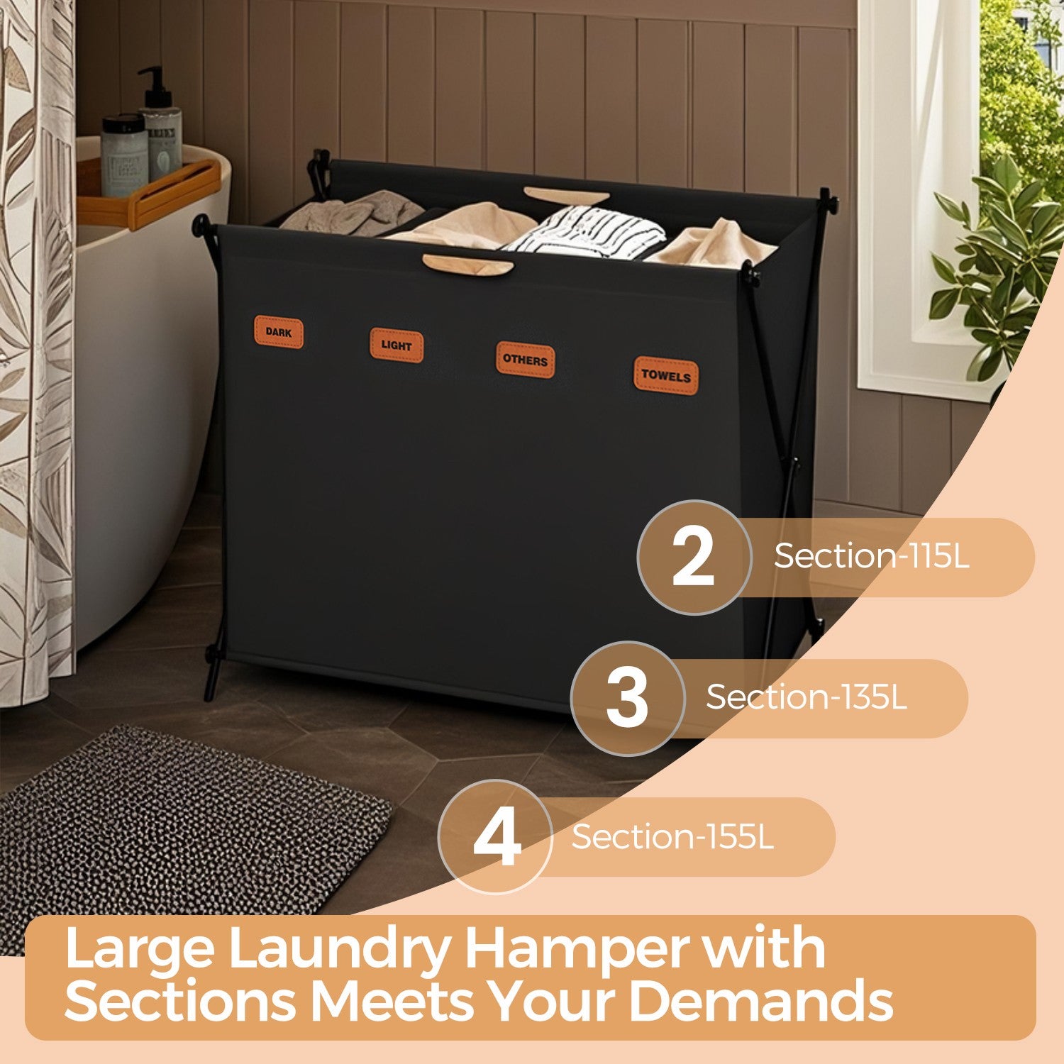 Laundry Hamper, Laundry Basket, 155 L Laundry Sorter 4 Sections - image 4