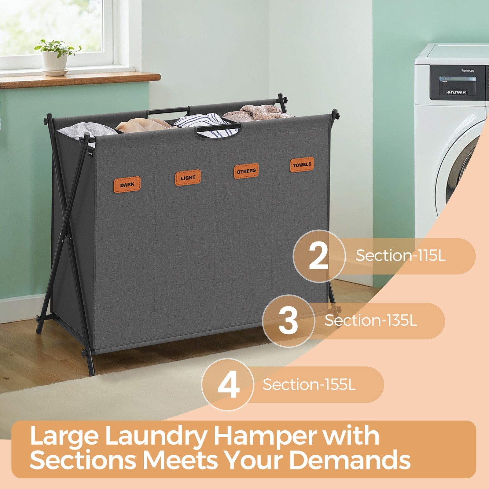 Laundry Hamper, Laundry Basket, 155 L Laundry Sorter 4 Sections - image 27