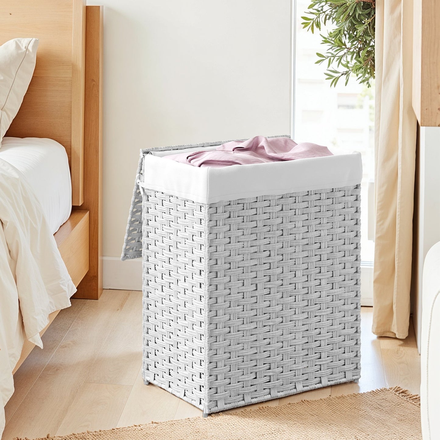 90 L Laundry Basket, Foldable Synthetic Rattan Storage Basket with Lid and Handles, Removable Liners - image 1
