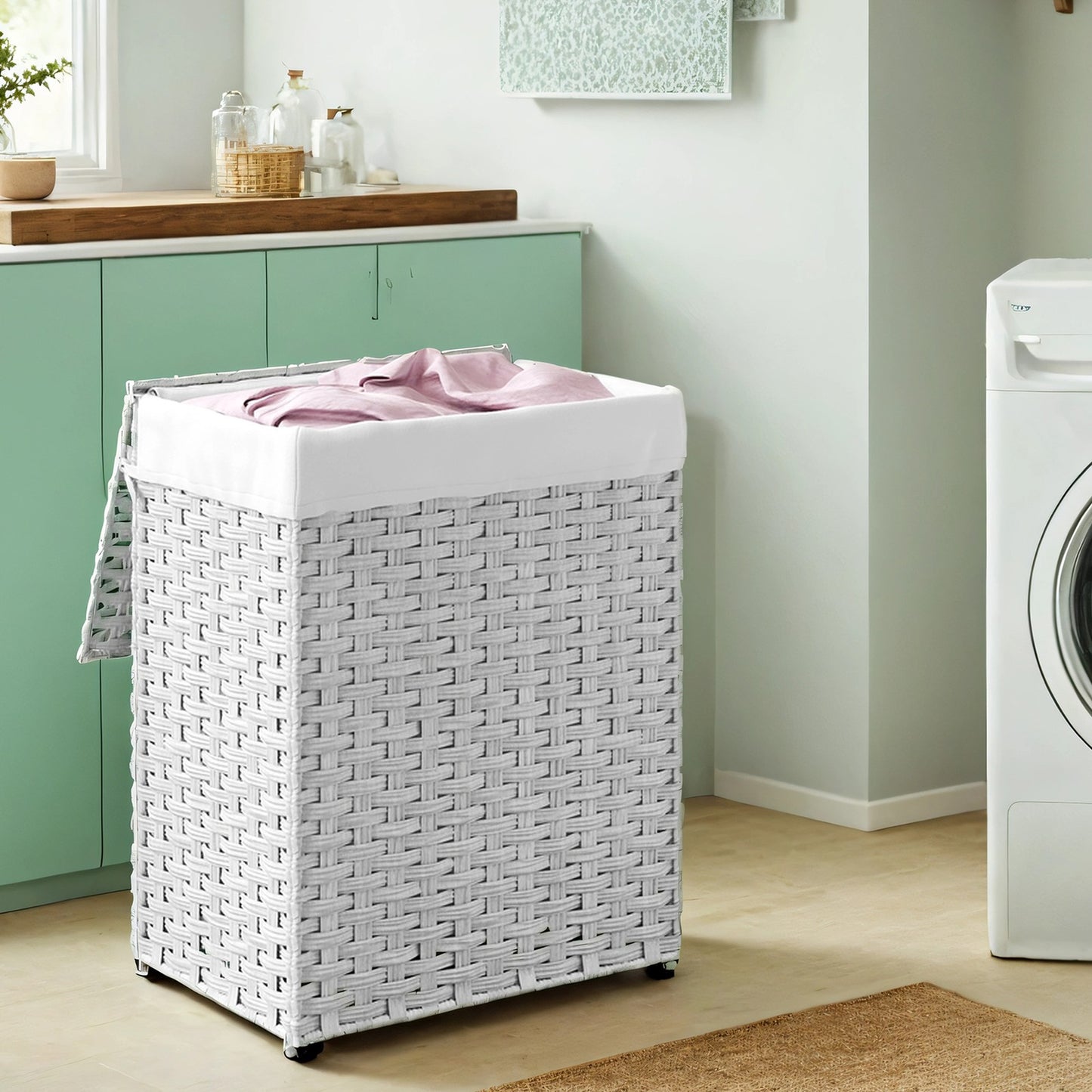 90 L Laundry Basket, Foldable Synthetic Rattan Storage Basket with Lid and Handles, Removable Liners - image 2