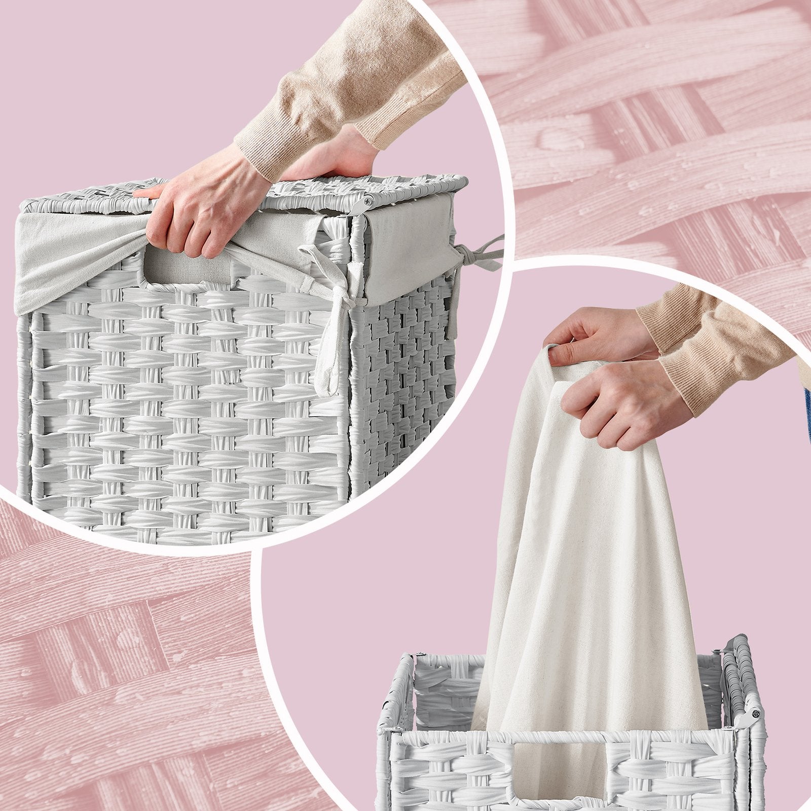 90 L Laundry Basket, Foldable Synthetic Rattan Storage Basket with Lid and Handles, Removable Liners - image 4