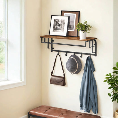 Clothes Rail with 5 Removable Coat Hooks, Floating Shelf with Hanging Rail, Coat Rack Wall-Mounted - image 2