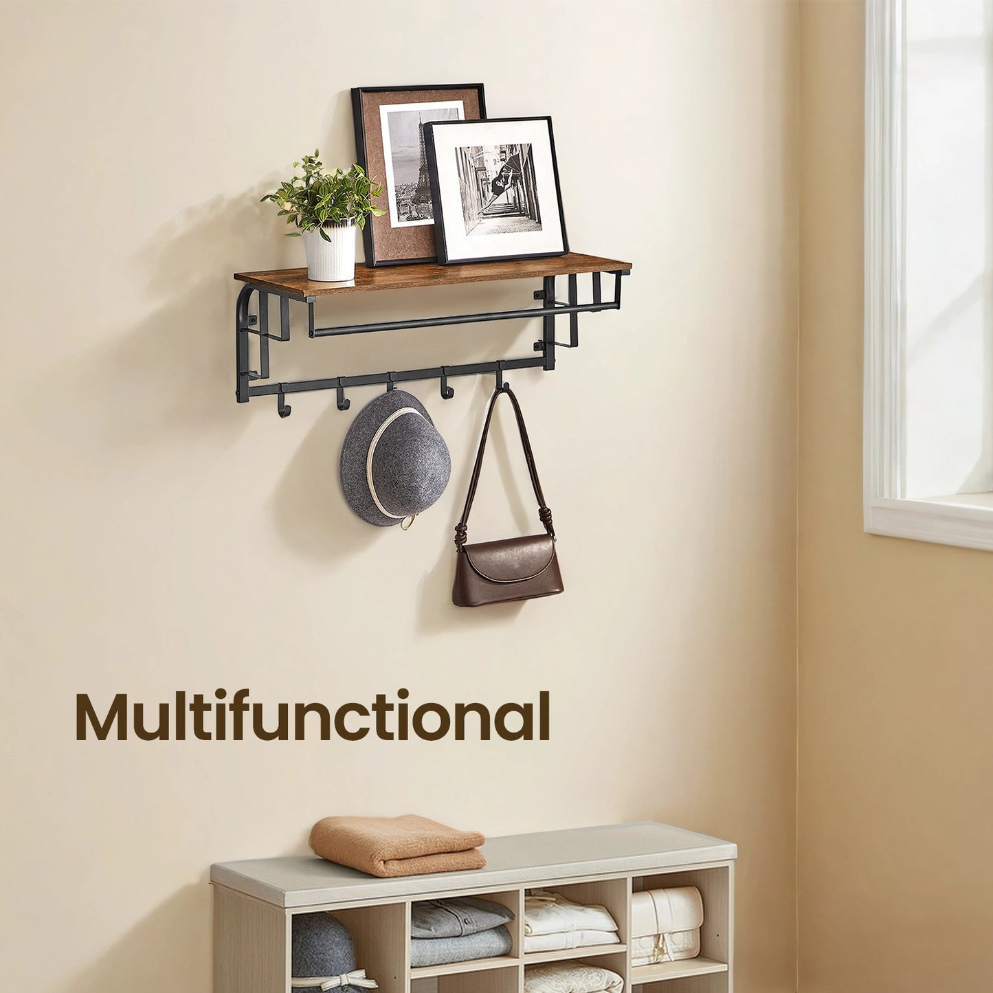 Clothes Rail with 5 Removable Coat Hooks, Floating Shelf with Hanging Rail, Coat Rack Wall-Mounted - image 3