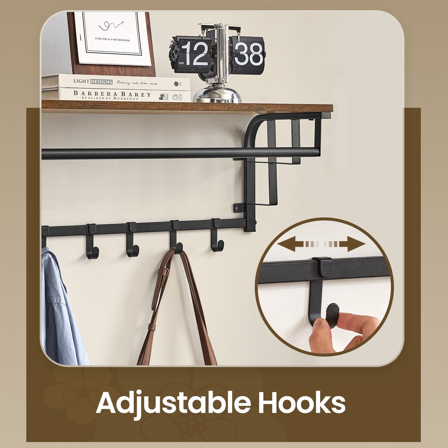 Clothes Rail with 5 Removable Coat Hooks, Floating Shelf with Hanging Rail, Coat Rack Wall-Mounted - image 4