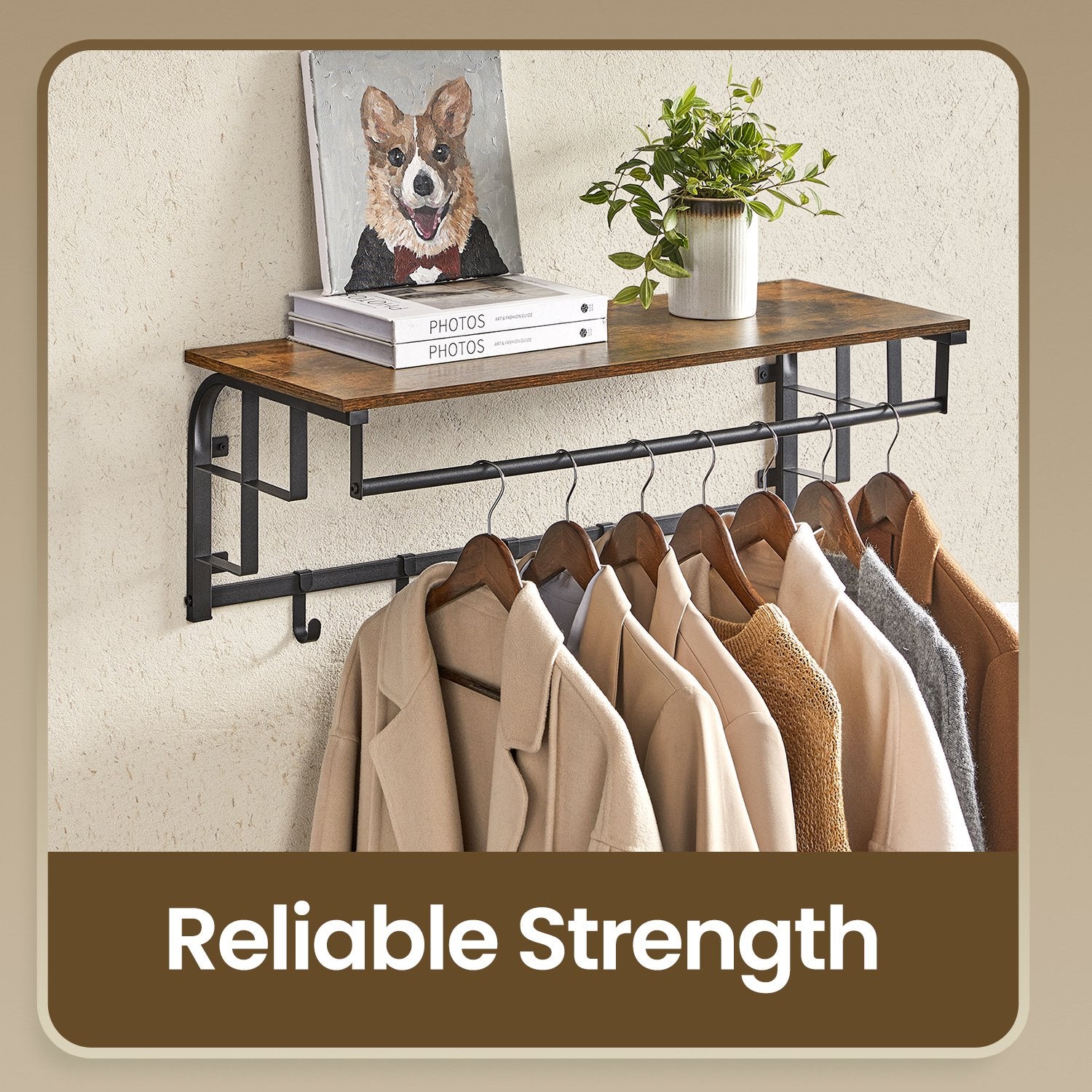Clothes Rail with 5 Removable Coat Hooks, Floating Shelf with Hanging Rail, Coat Rack Wall-Mounted - image 5