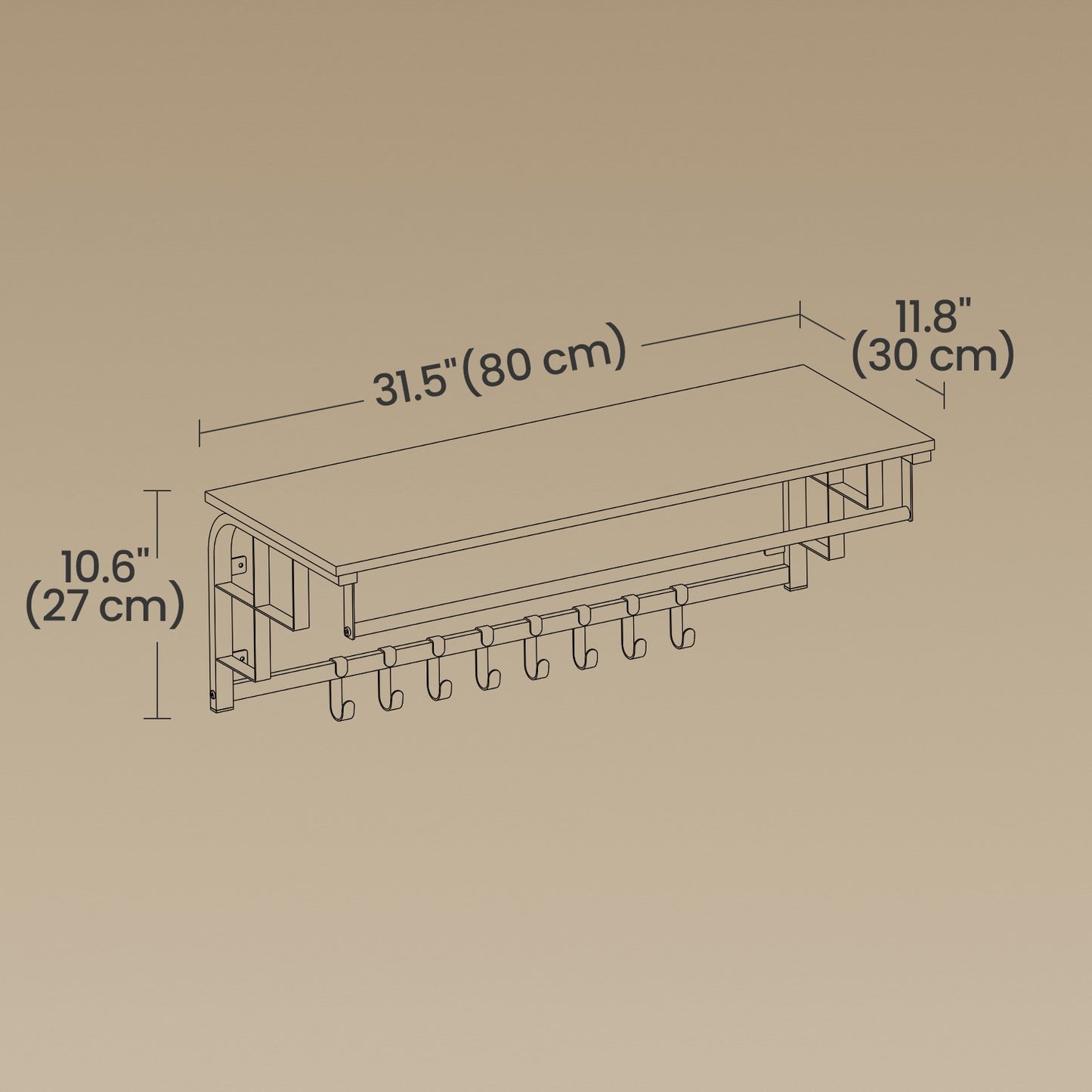Clothes Rail with 5 Removable Coat Hooks, Floating Shelf with Hanging Rail, Coat Rack Wall-Mounted - image 6