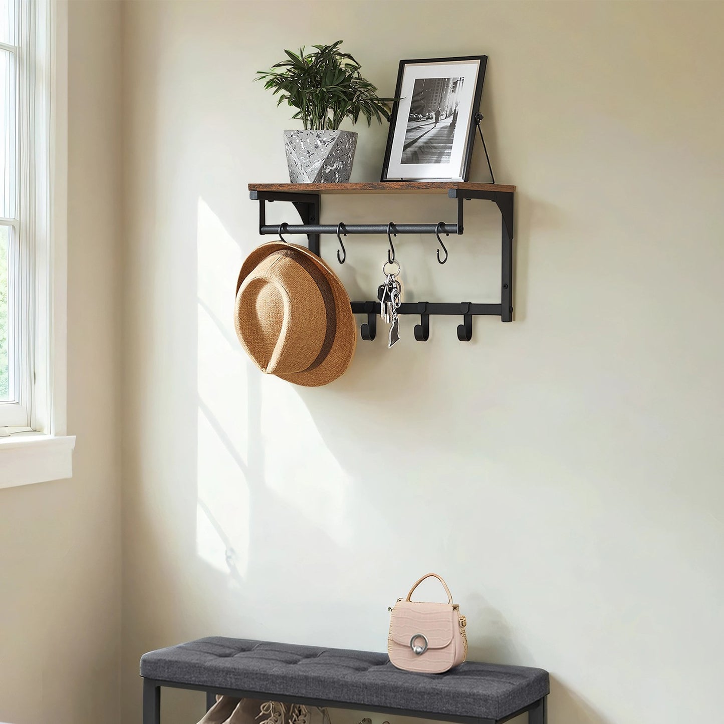 Wall Coat Rack with 8 Hooks and Shelf, 40 x 24 x 24 cm, for Living Room - image 1