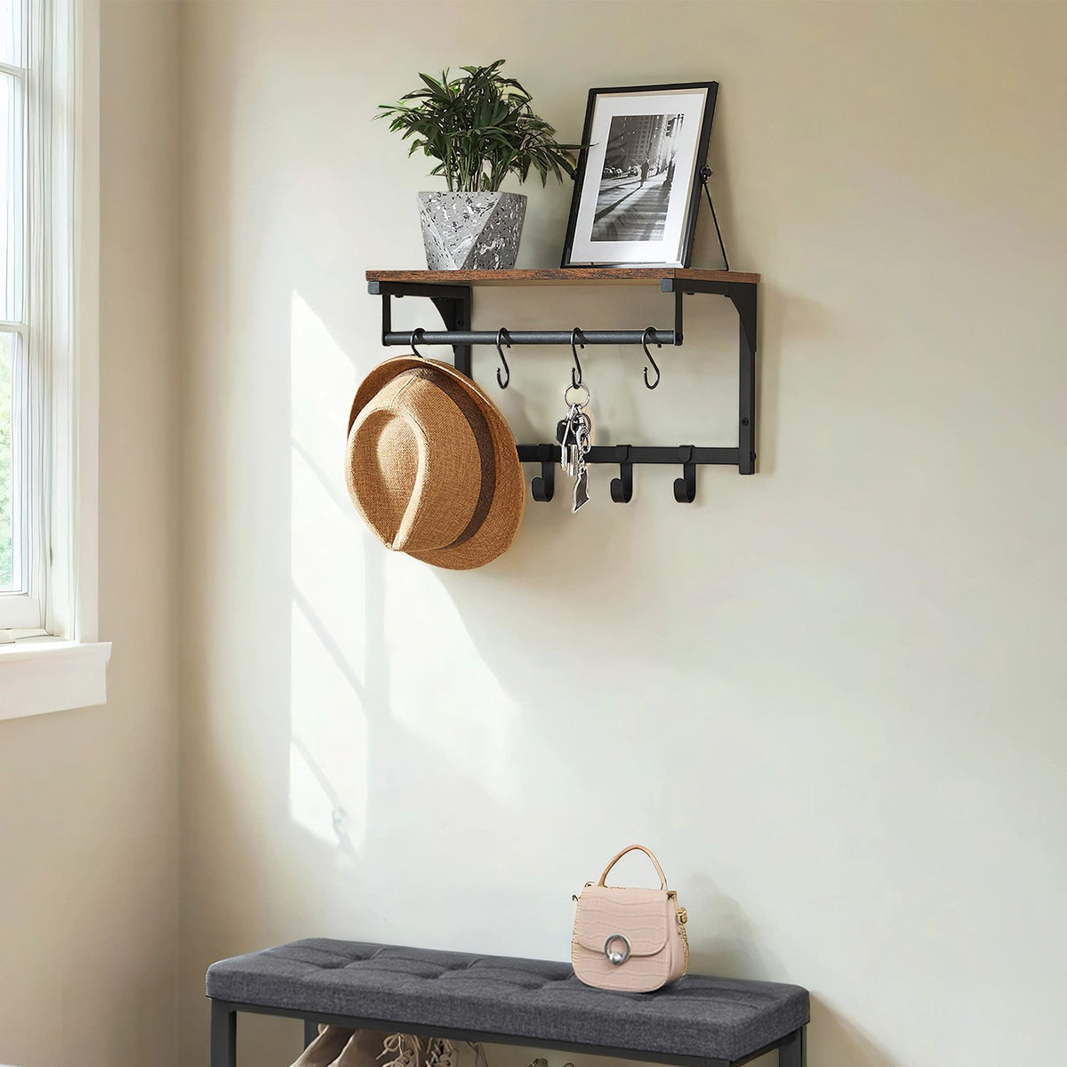 Wall Coat Rack with 8 Hooks and Shelf, 40 x 24 x 24 cm, for Living Room - image 1