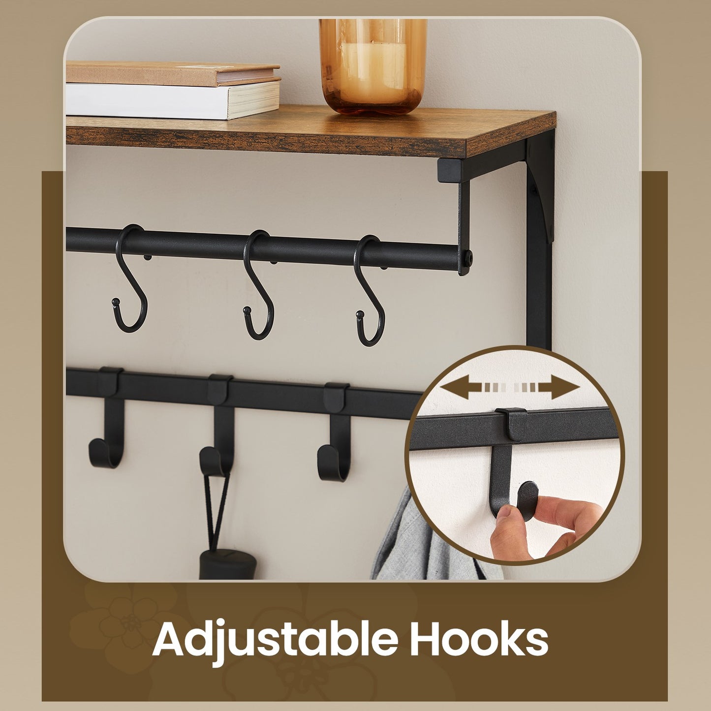 Wall Coat Rack with 8 Hooks and Shelf, 40 x 24 x 24 cm, for Living Room - image 3