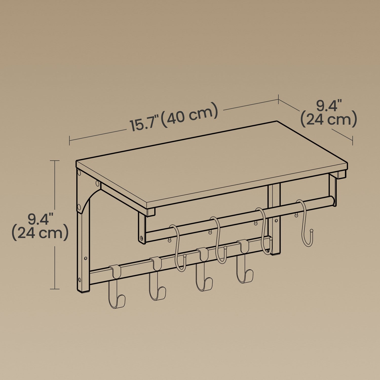Wall Coat Rack with 8 Hooks and Shelf, 40 x 24 x 24 cm, for Living Room - image 5