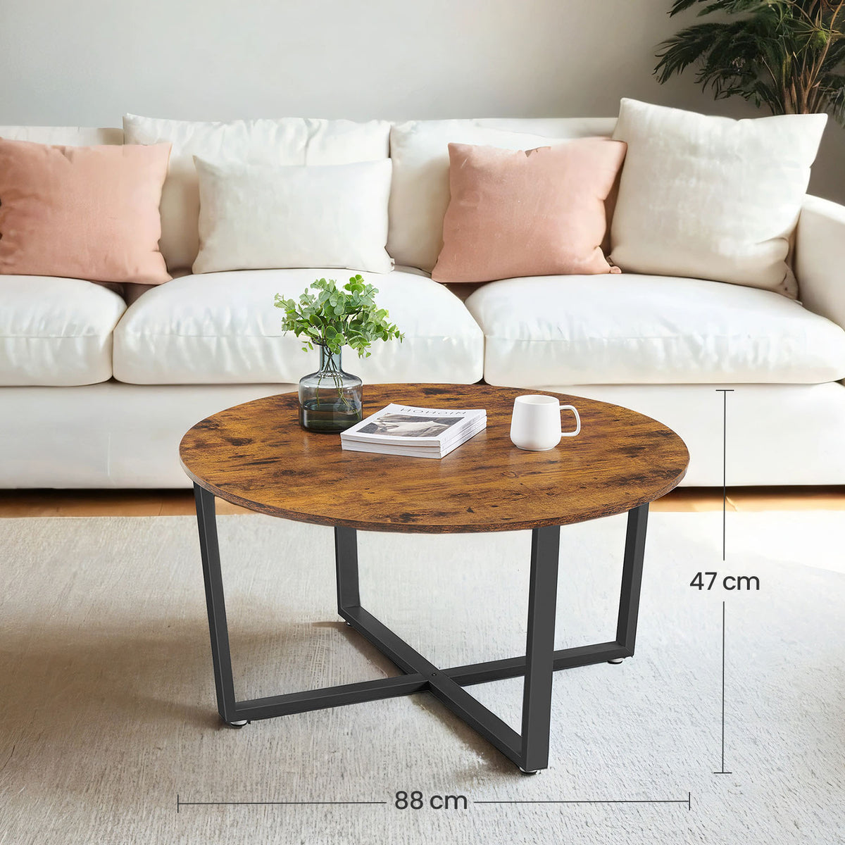 Industrial Cocktail Table, Steel Frame, Easy Assembly, Round Coffee Table, Brown and Black - image 2
