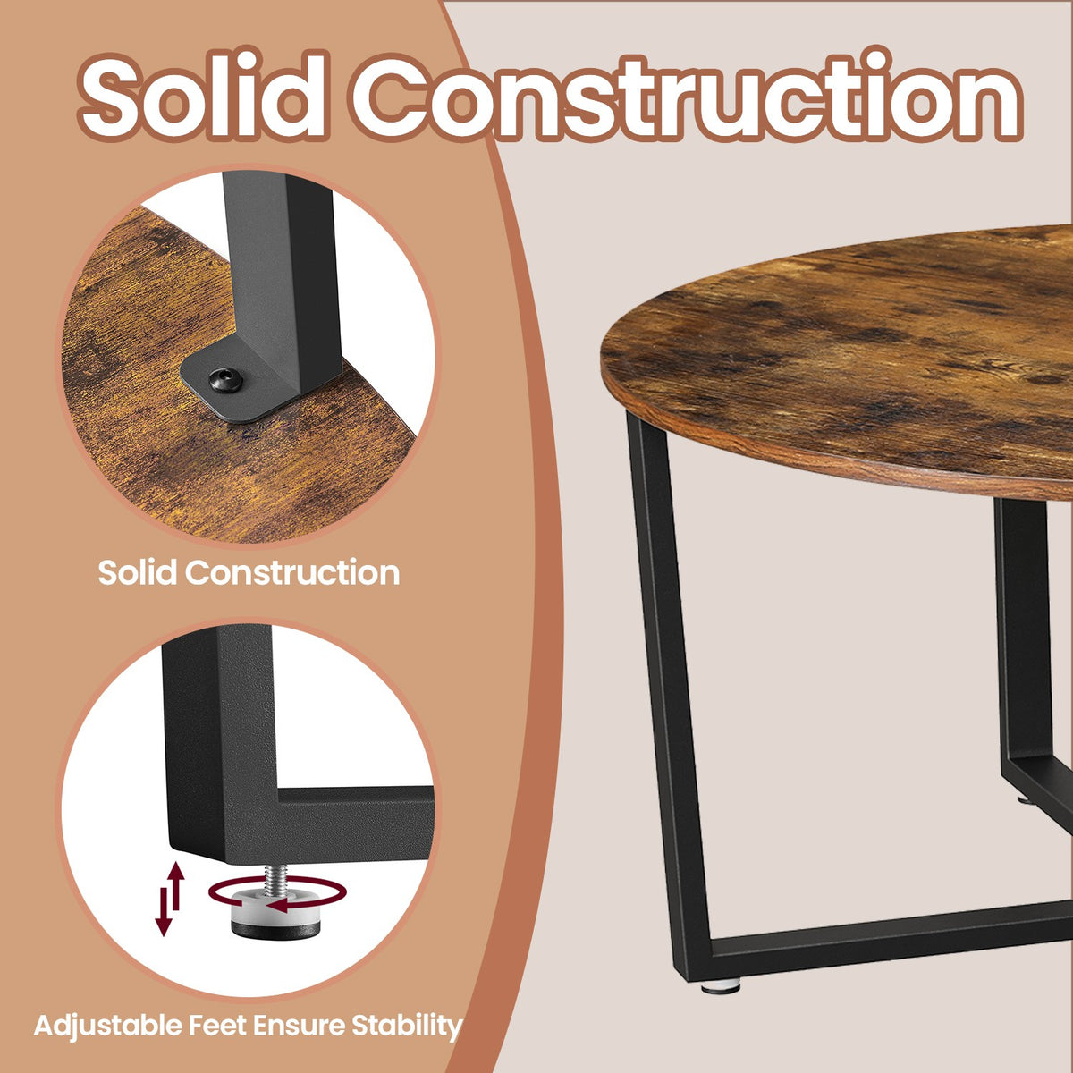 Industrial Cocktail Table, Steel Frame, Easy Assembly, Round Coffee Table, Brown and Black - image 3