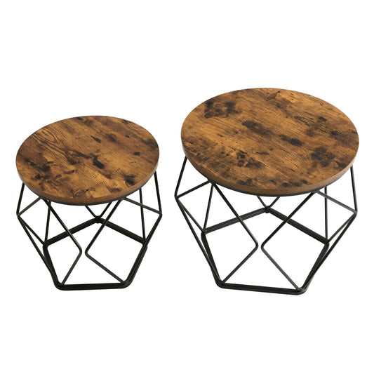 Set of 2 Side Tables, Industrial Steel Frame, Coffee Tables for Living Room, Brown and Black - image 1