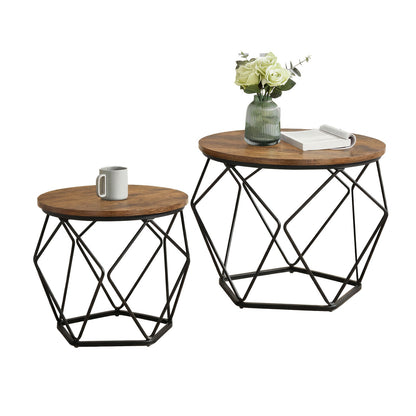 Set of 2 Side Tables, Industrial Steel Frame, Coffee Tables for Living Room, Brown and Black - image 2