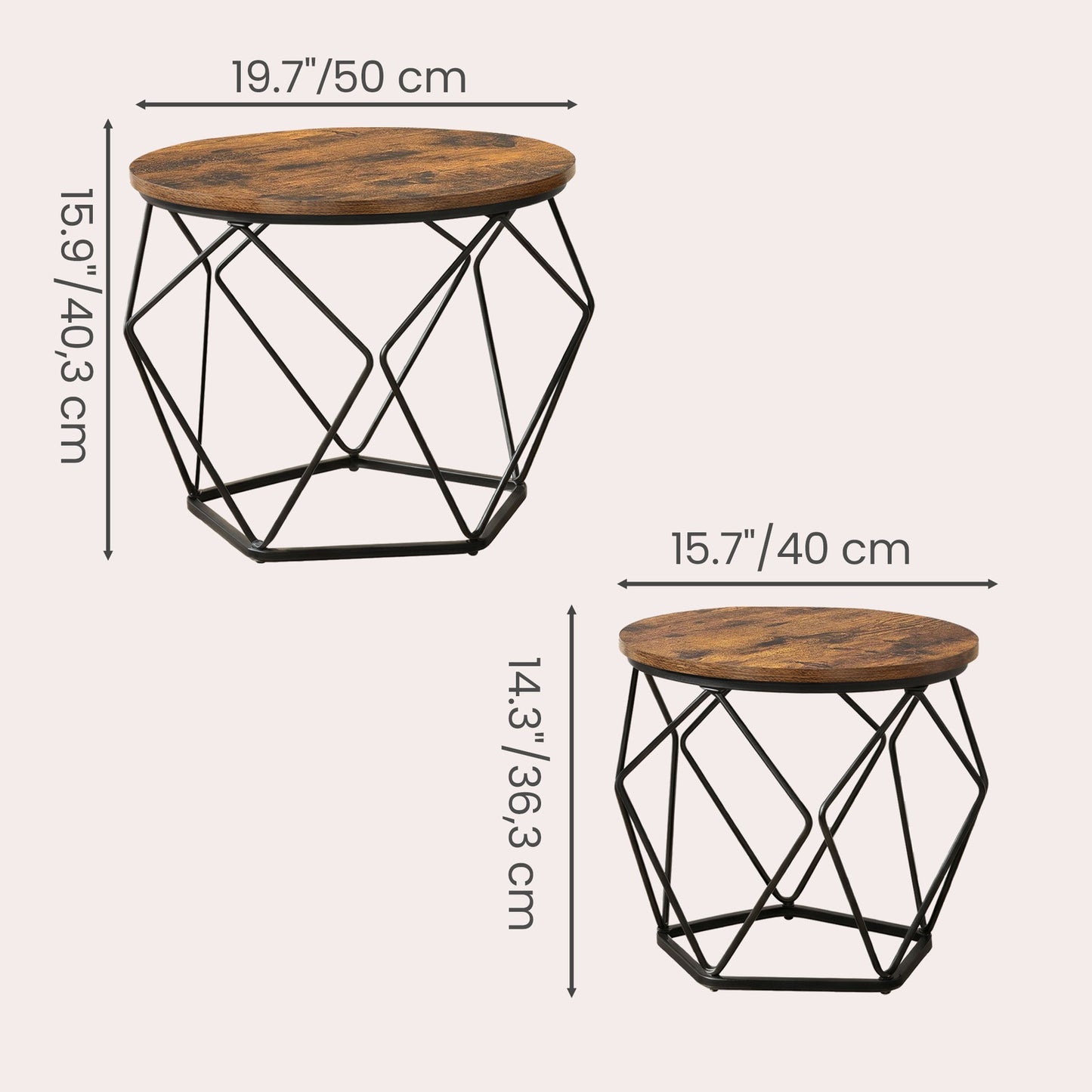 Set of 2 Side Tables, Industrial Steel Frame, Coffee Tables for Living Room, Brown and Black - image 3