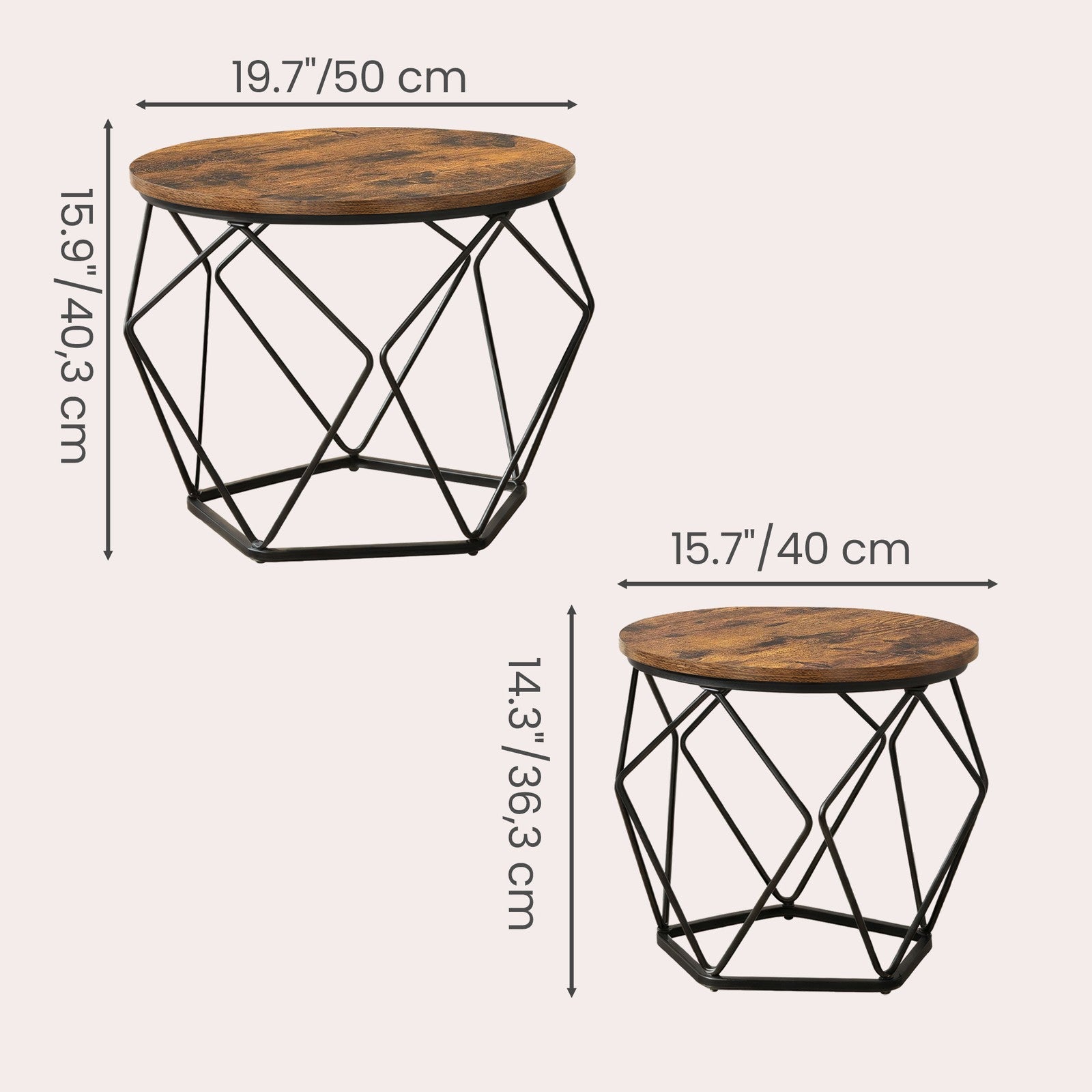 Set of 2 Side Tables, Industrial Steel Frame, Coffee Tables for Living Room, Brown and Black - image 3