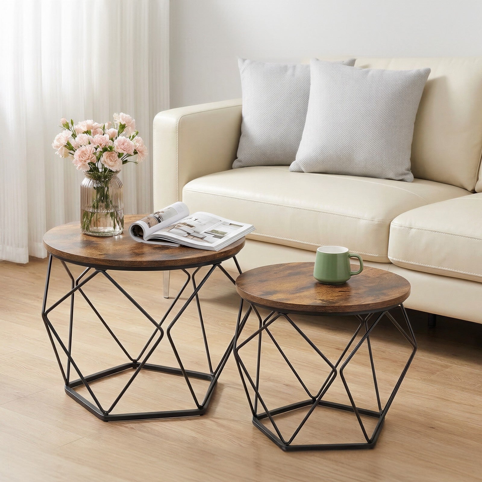 Set of 2 Side Tables, Industrial Steel Frame, Coffee Tables for Living Room, Brown and Black - image 4