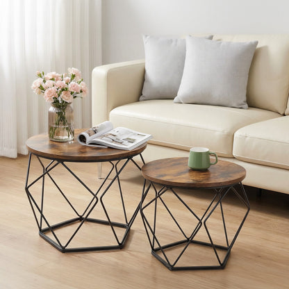 Set of 2 Side Tables, Industrial Steel Frame, Coffee Tables for Living Room, Brown and Black - image 4