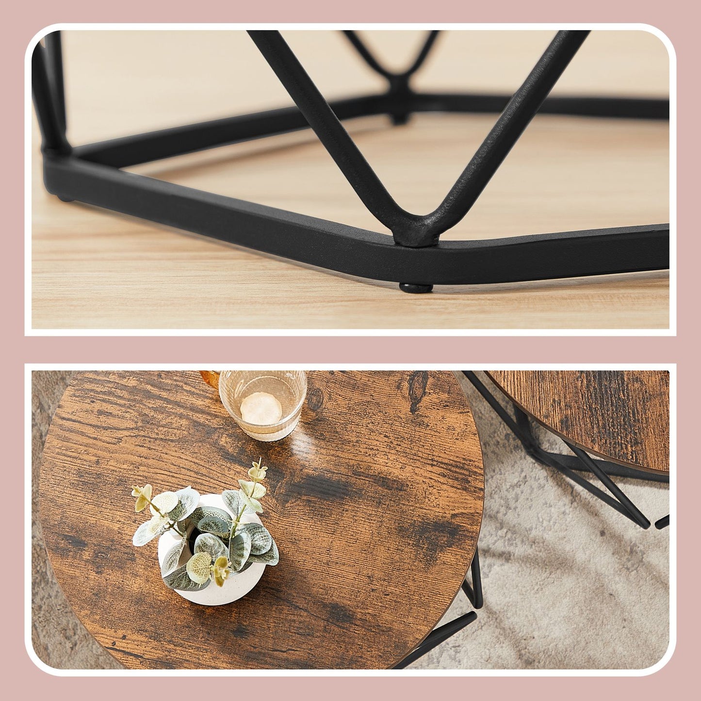 Set of 2 Side Tables, Industrial Steel Frame, Coffee Tables for Living Room, Brown and Black - image 6