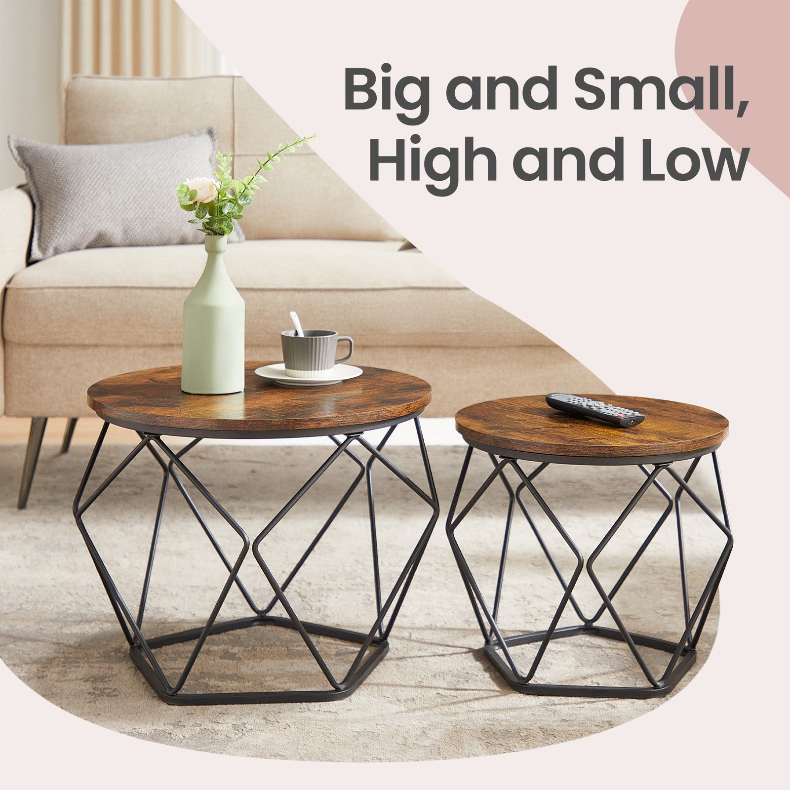 Set of 2 Side Tables, Industrial Steel Frame, Coffee Tables for Living Room, Brown and Black - image 7