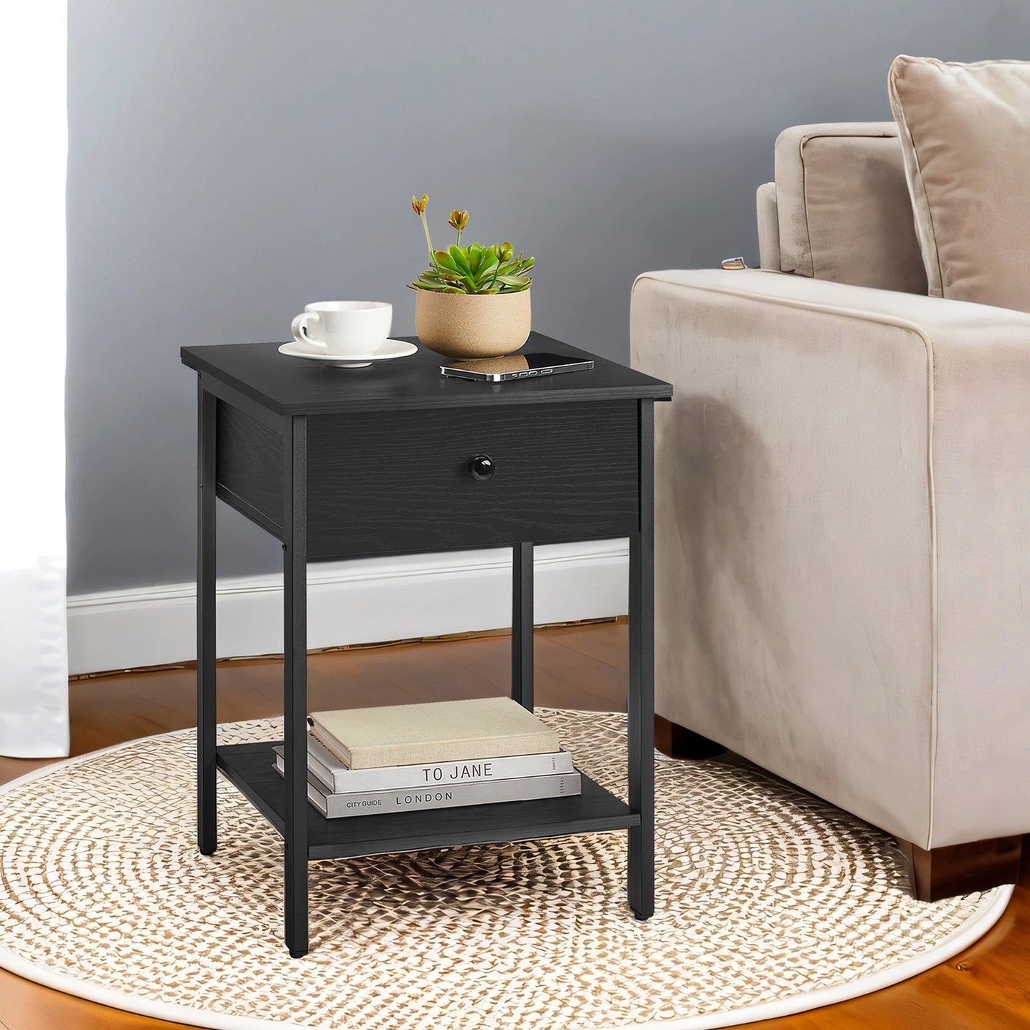 Nightstand, End Side Table with Drawer and Shelf, Bedroom - image 3