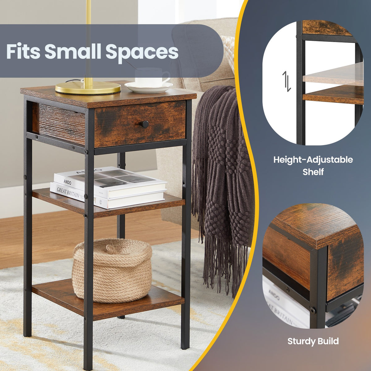 Nightstand, with a Drawer and 2 Storage Shelves, Space Saving - image 4
