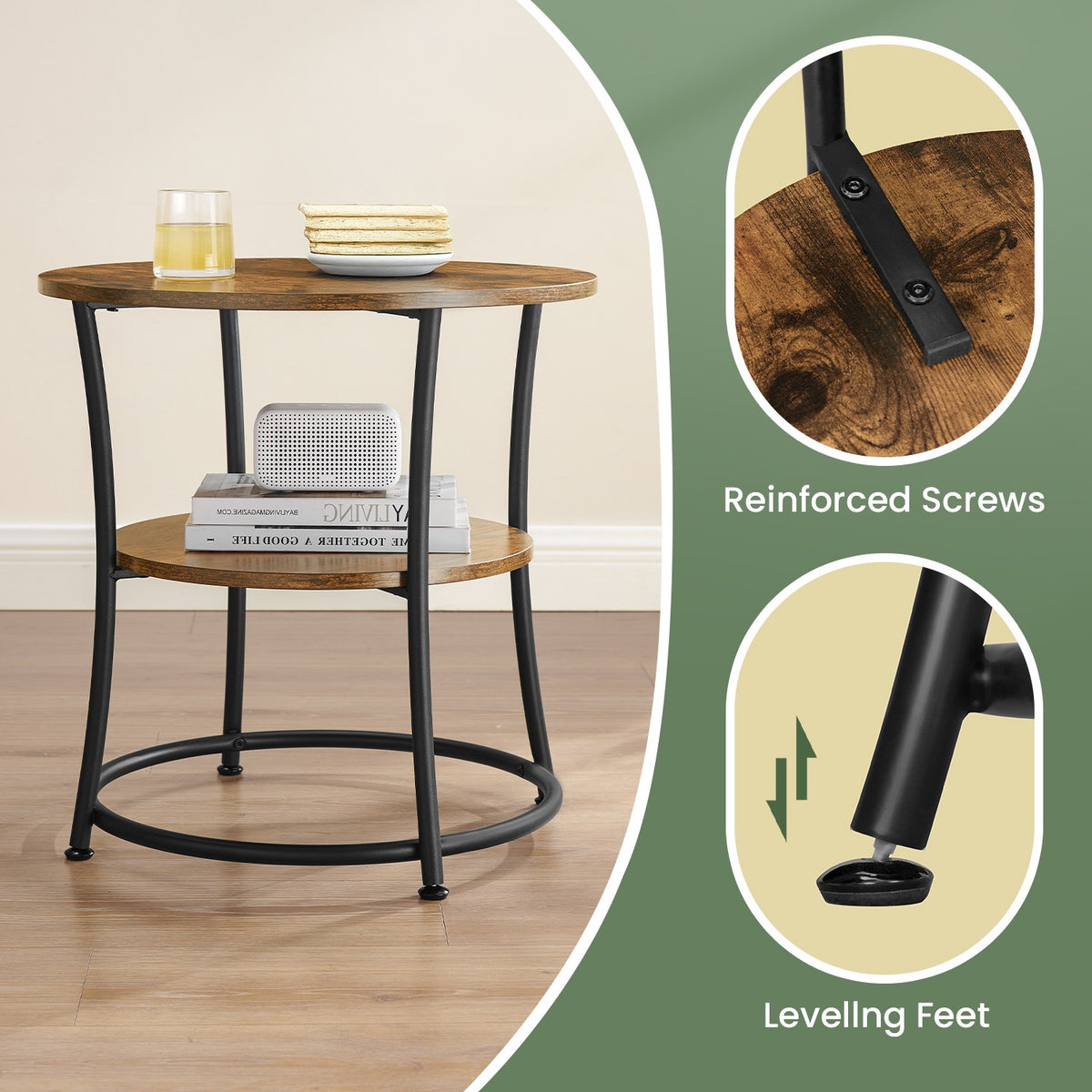 Industrial End Table with 2 Shelves, Small Round Side Table for Living Room, Bedroom, Easy to Assemble - image 4