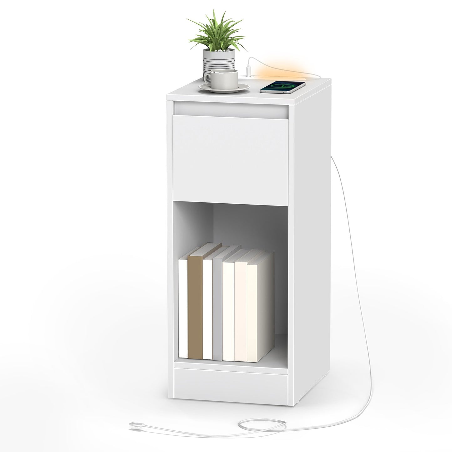 Nightstand with Power Outlets, Bedside Table with LED Light, Space Saving - image 2