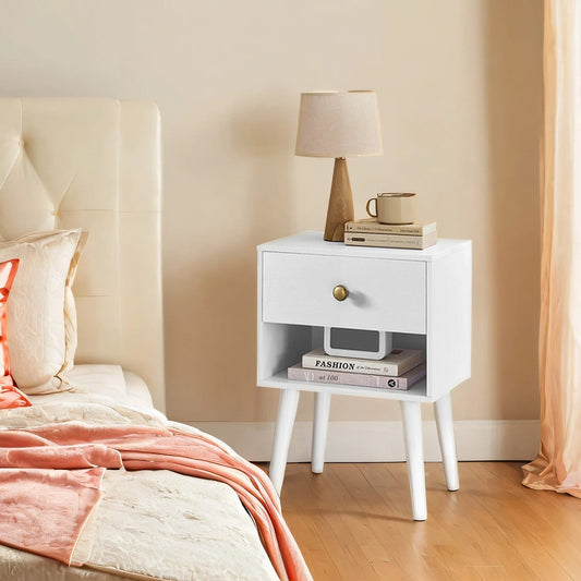 Bedside Table, Side Table with Storage Drawer and Open Shelf, Solid Wood Legs - image 1