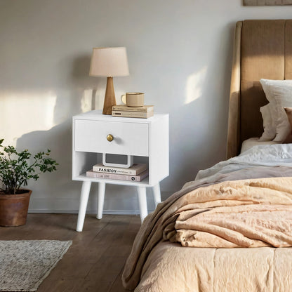 Bedside Table, Side Table with Storage Drawer and Open Shelf, Solid Wood Legs - image 2