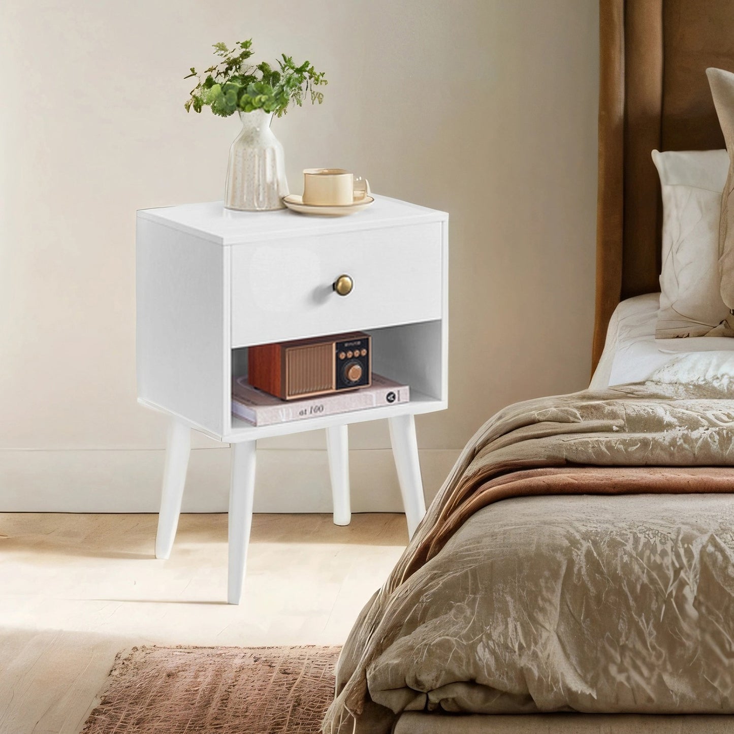 Bedside Table, Side Table with Storage Drawer and Open Shelf, Solid Wood Legs - image 3