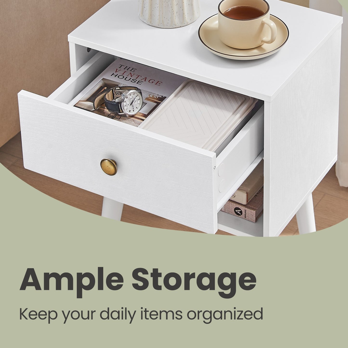 Bedside Table, Side Table with Storage Drawer and Open Shelf, Solid Wood Legs - image 5