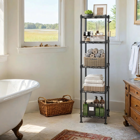Bathroom Shelf, 5-Tier Storage Rack for Small Space, with 5 PP Shelf Liners - image 1