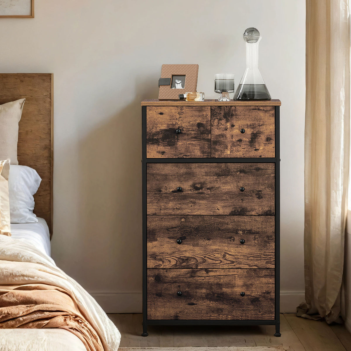 5-Drawer Fabric Dresser, Storage Chest Organiser for Bedroom, Nursery, Living Room, Brown and Black - image 2