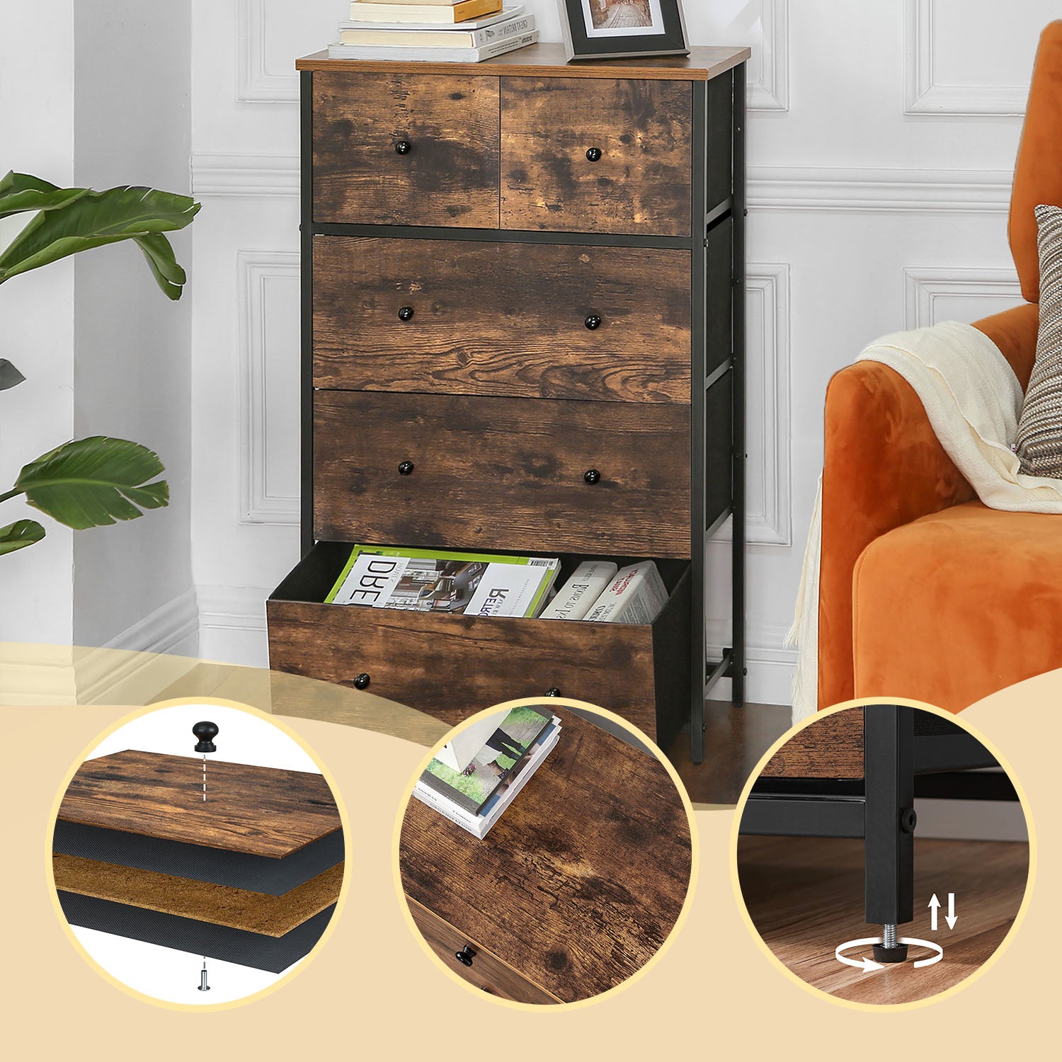 5-Drawer Fabric Dresser, Storage Chest Organiser for Bedroom, Nursery, Living Room, Brown and Black - image 3