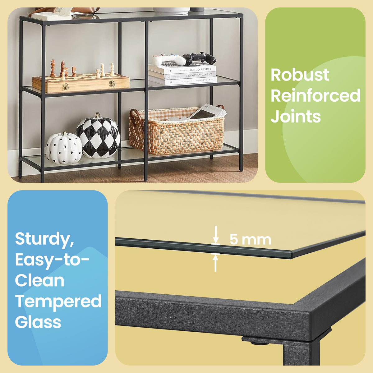 Modern Entryway Table, 3-Tier Console Table with Tempered Glass Tabletop, Sofa Table, Black - image 3